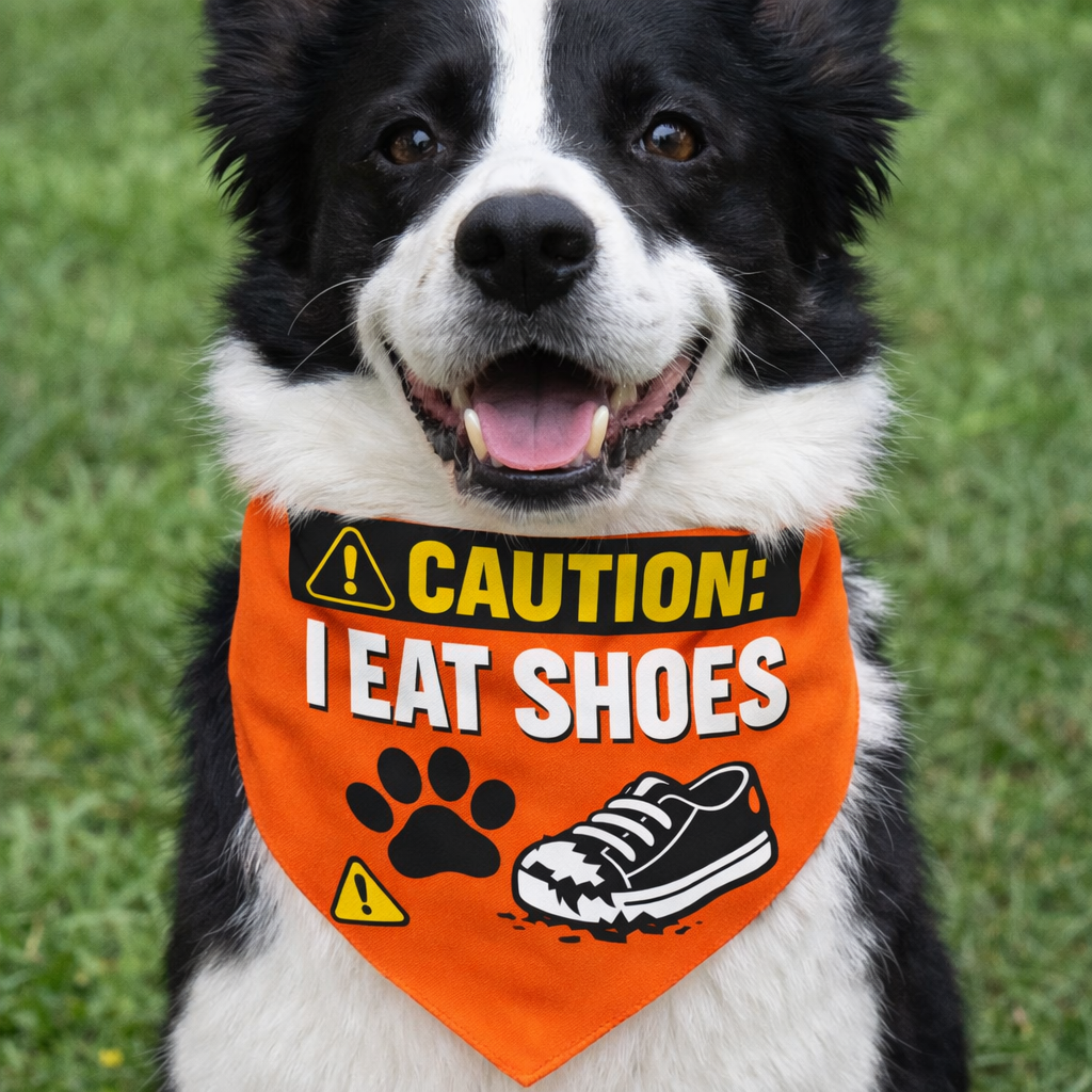 Caution: I Eat Shoes™ Funny Dog Bandana – Naughty Pet Warning Scarf